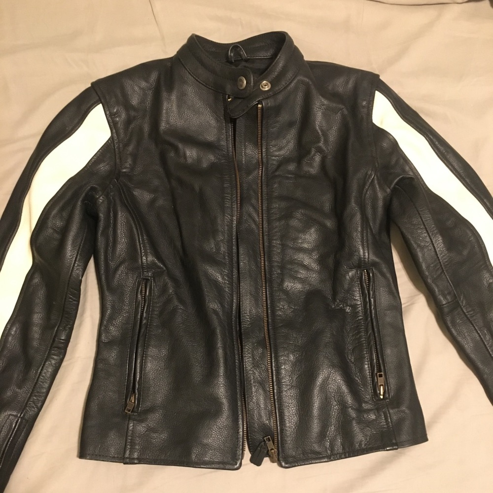 Genuine leather striped moto jacket